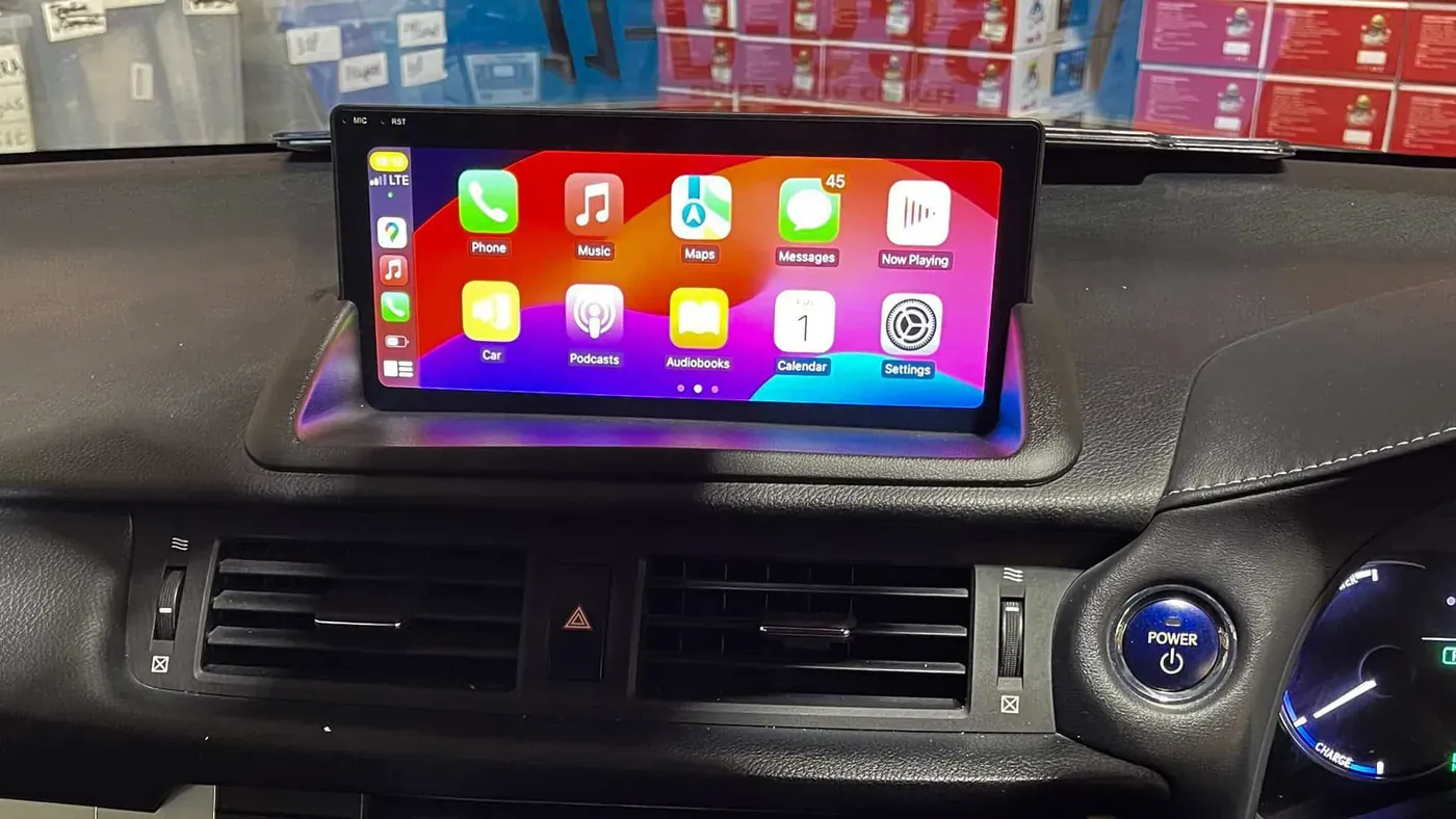 Lexus CT200h with an Android head unit showing Apple CarPlay at the Radio King workshop