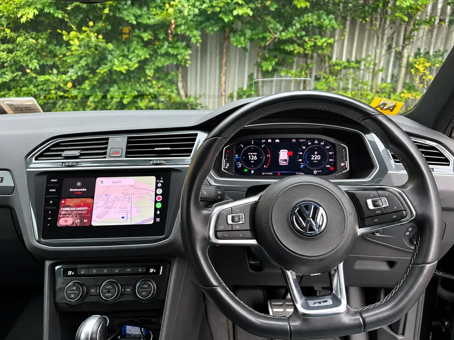 Apple CarPlay running on a 2020 VW Tiguan MIB2 screen with map navigation and music after activation in Dublin