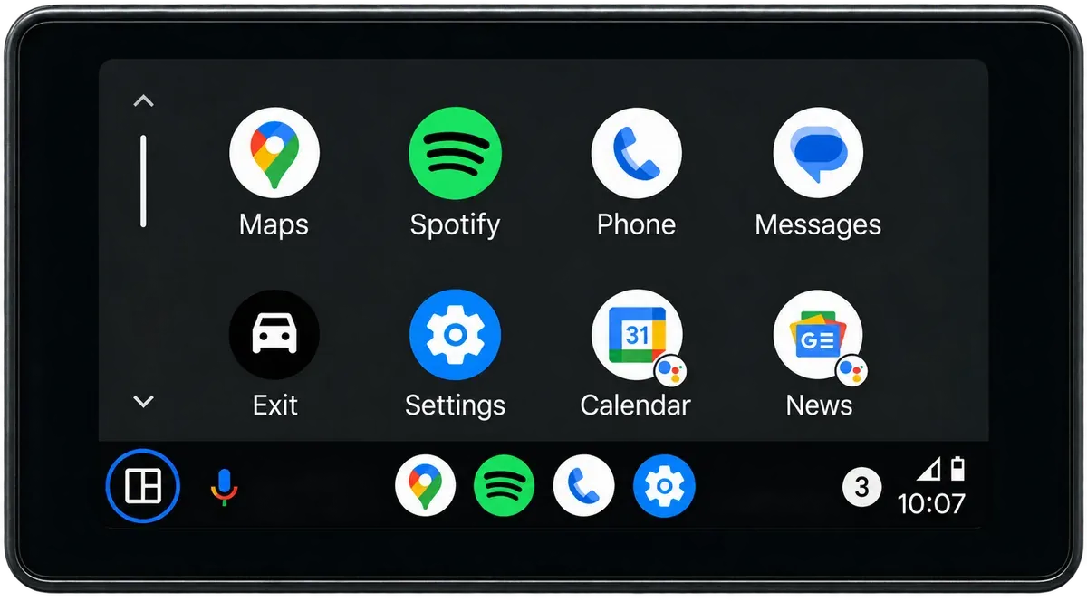 Android Auto home screen with Google Maps, Spotify, Phone, Messages and Google Assistant on a car display