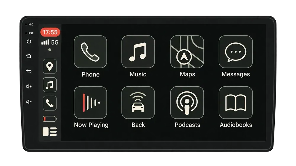 Illustrated Android car radio with phone, music, maps and media apps
