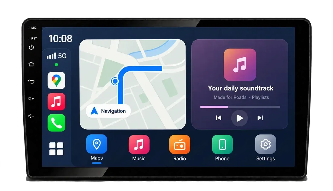 Android car radio with navigation map, music player and app dock