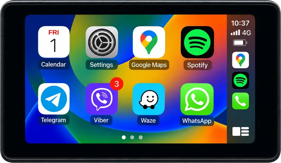 Apple CarPlay home screen with Google Maps, Spotify, Waze, WhatsApp and Telegram on a car display