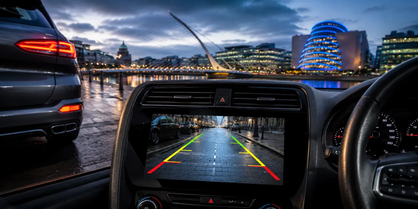 Reversing camera view with parking guidelines on the dash screen of a car in Dublin on a wet evening