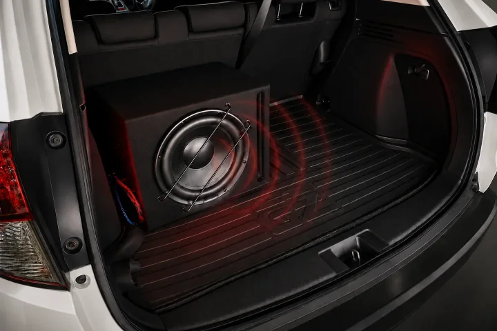 Ported subwoofer enclosure installed in an SUV boot with professional wiring, Dublin