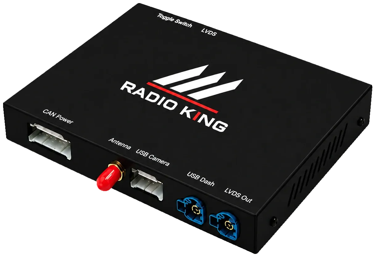 Radio King CarPlay Box module showing its CAN power, antenna, USB and LVDS connections