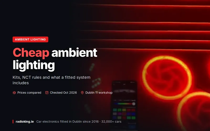 Ambient lighting kit with light strips, speaker rings and phone app glowing red on the bench at Radio King