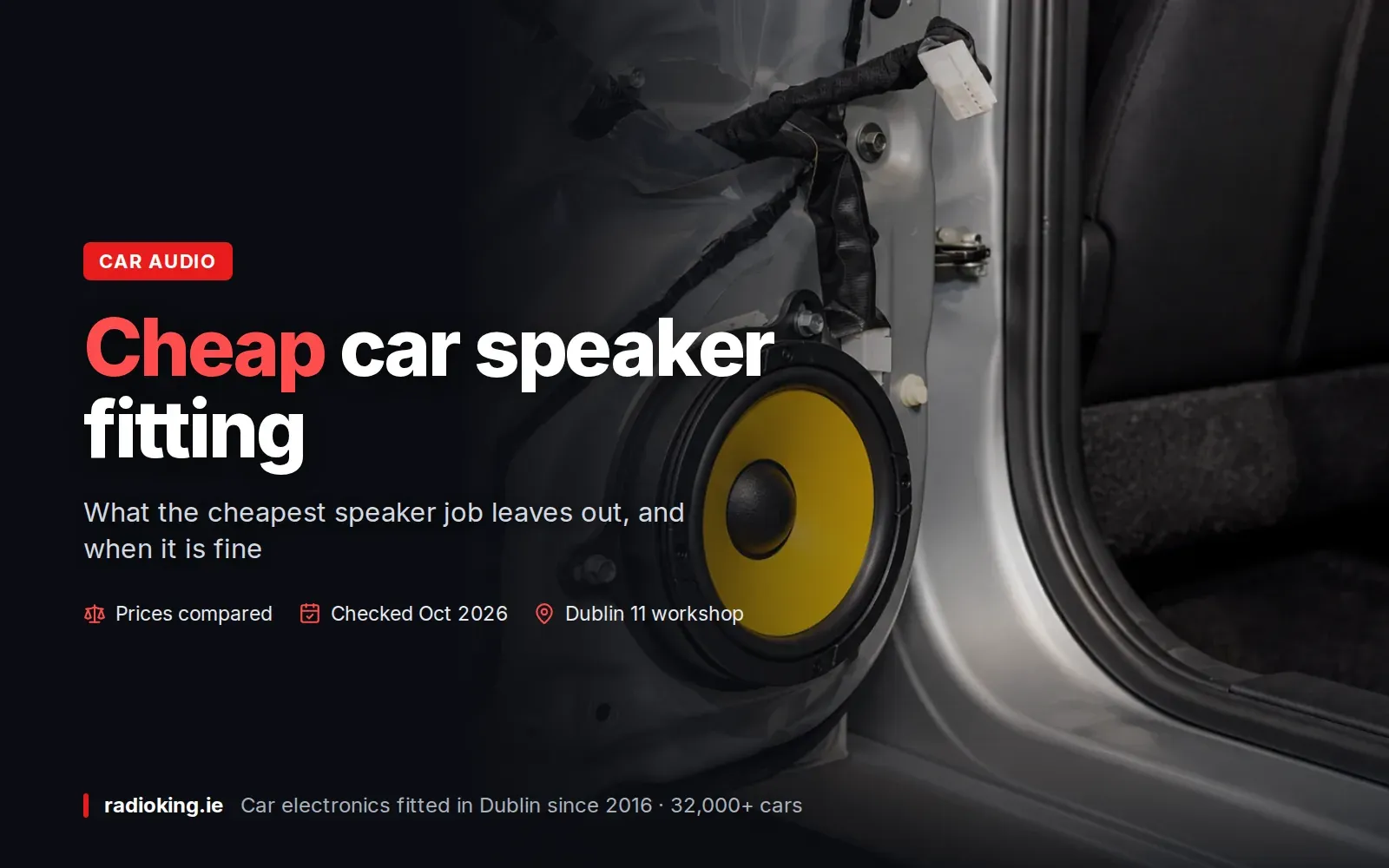 New door speaker on an adapter ring inside an open car door during an installation in Dublin