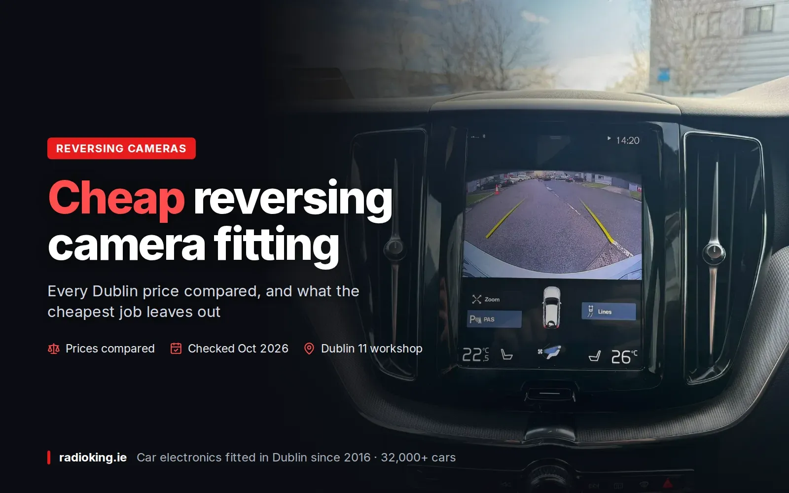 Reversing camera picture with parking guidelines on the factory screen of a Volvo XC60 fitted at Radio King in Dublin