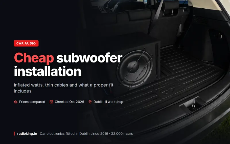 Subwoofer enclosure fitted in the boot of a hatchback at Radio King in Dublin