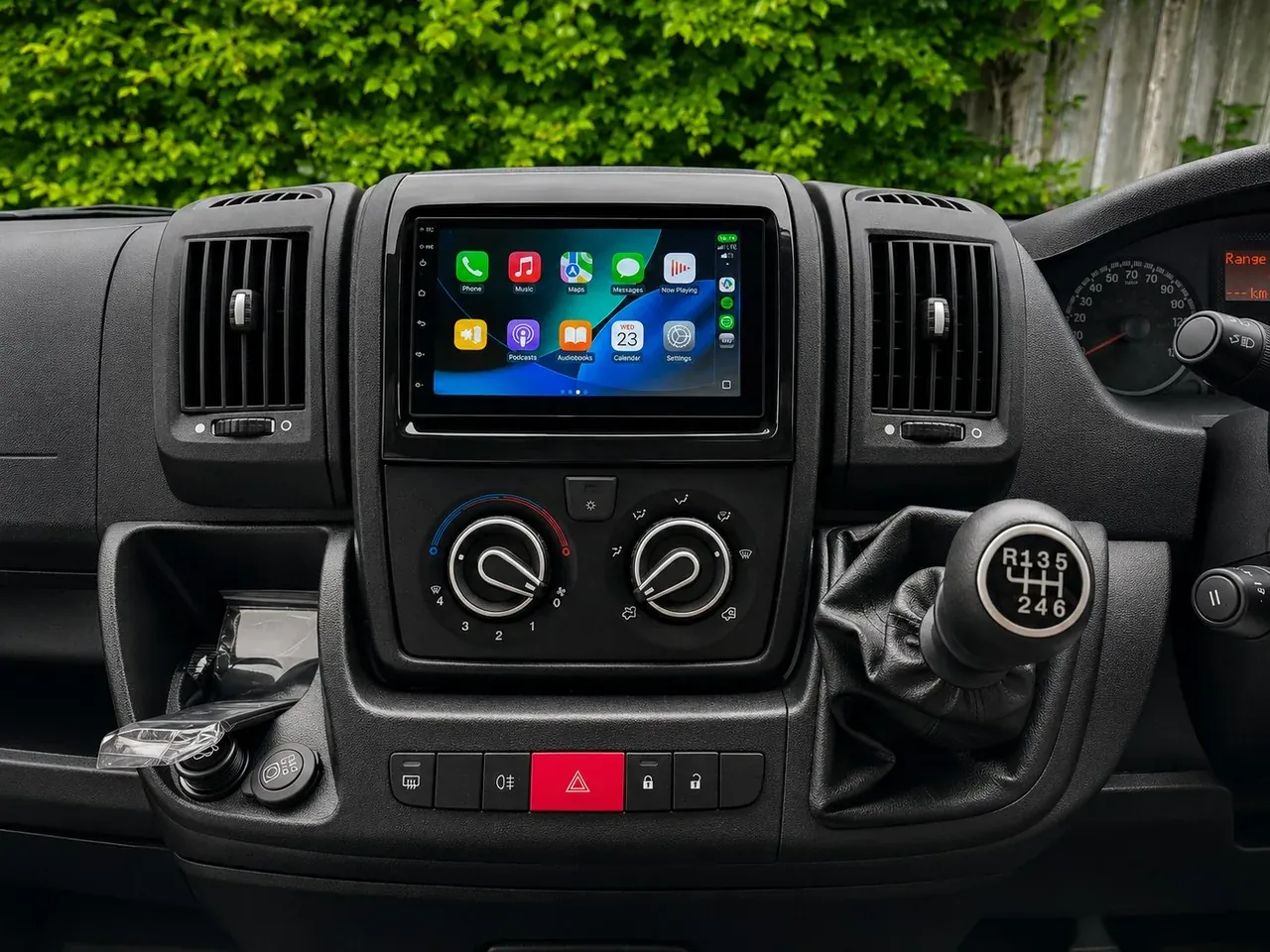 Apple CarPlay running on the new 7-inch Android screen in the factory dash opening of a Ducato-platform camper van