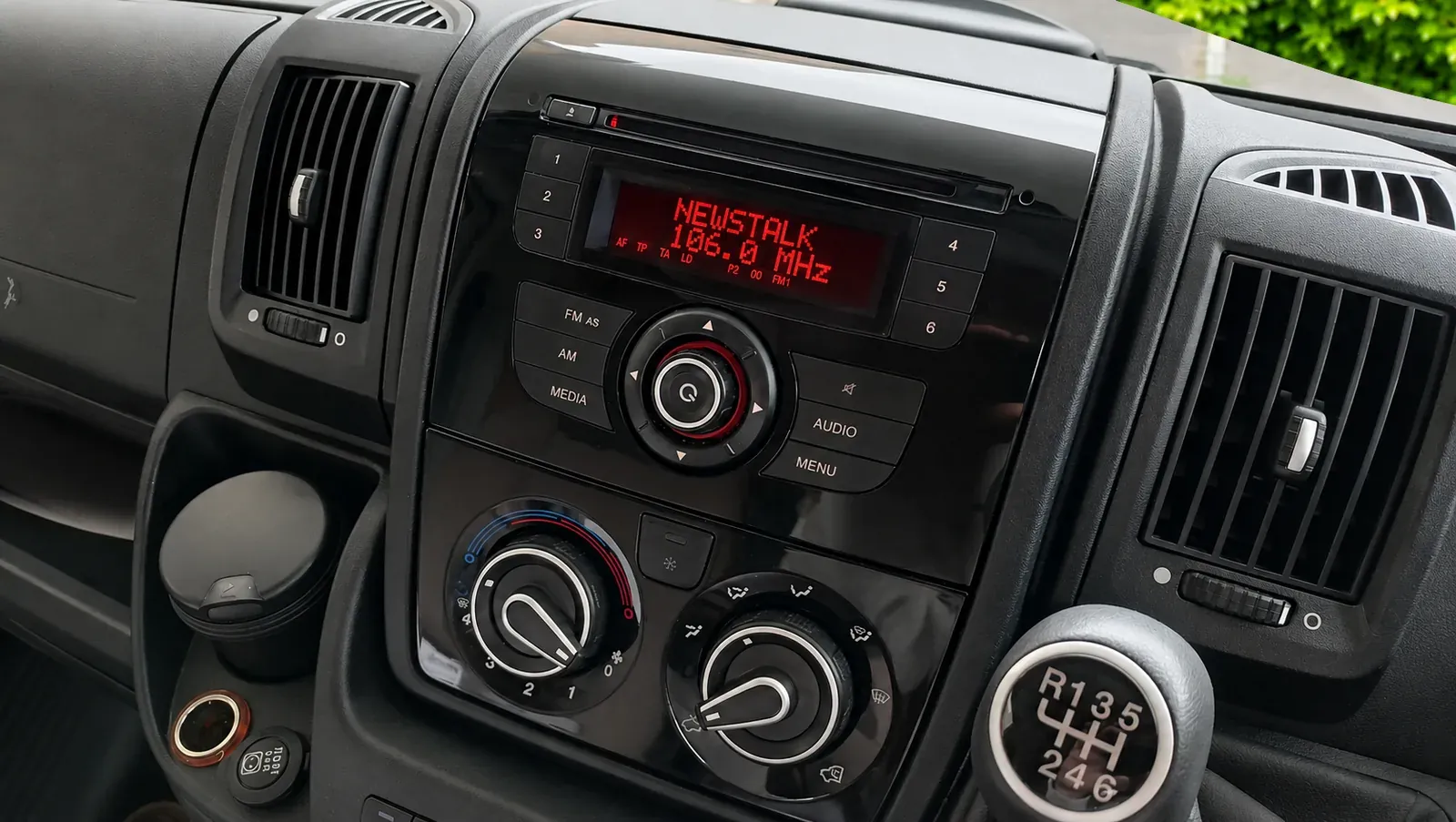 Original Fiat Ducato camper van factory radio with a two-line red FM display before the Radio King upgrade