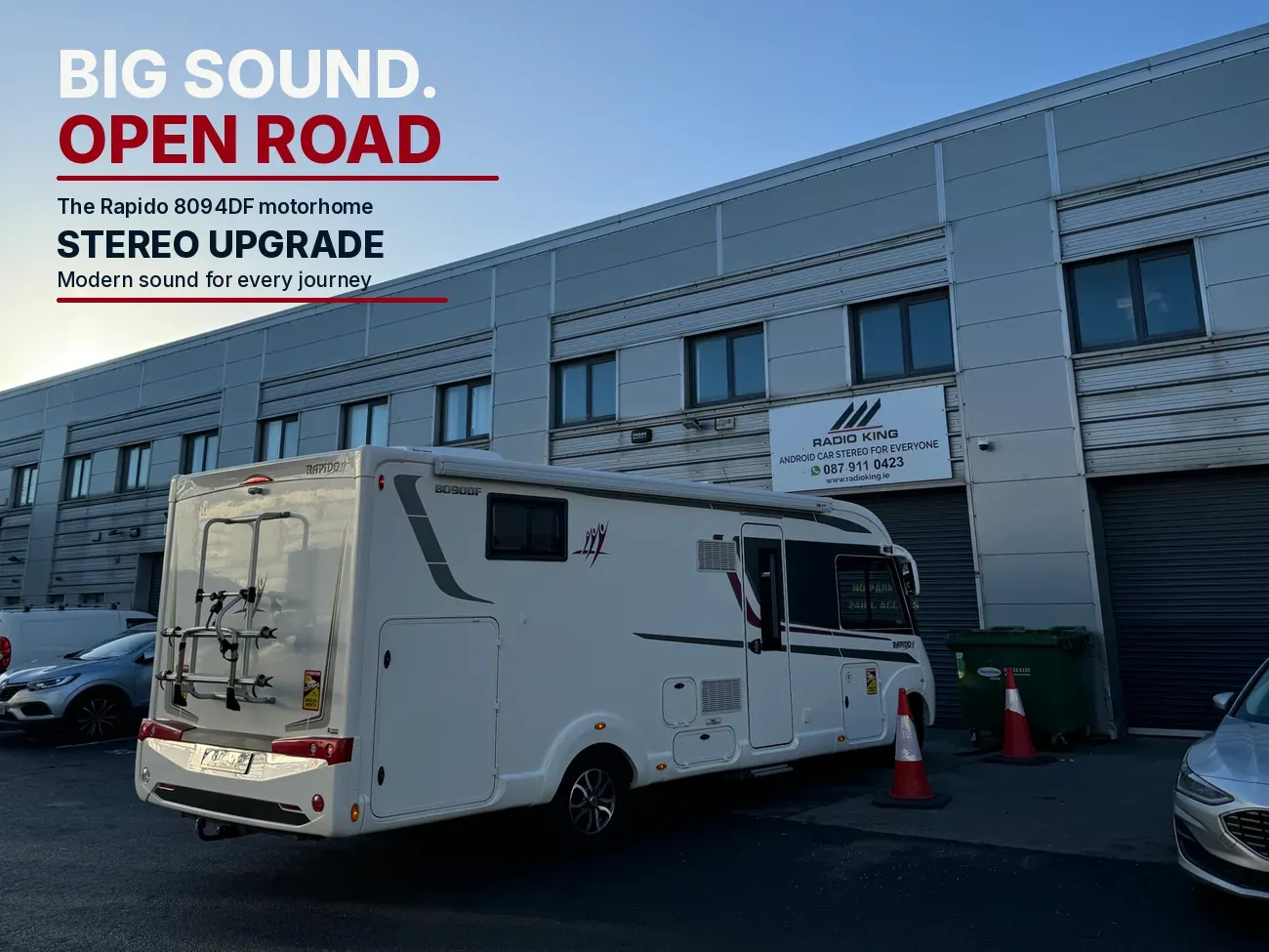 Rapido 8094DF motorhome on a Fiat Ducato base parked at the Radio King workshop in Dublin for a camper van radio upgrade