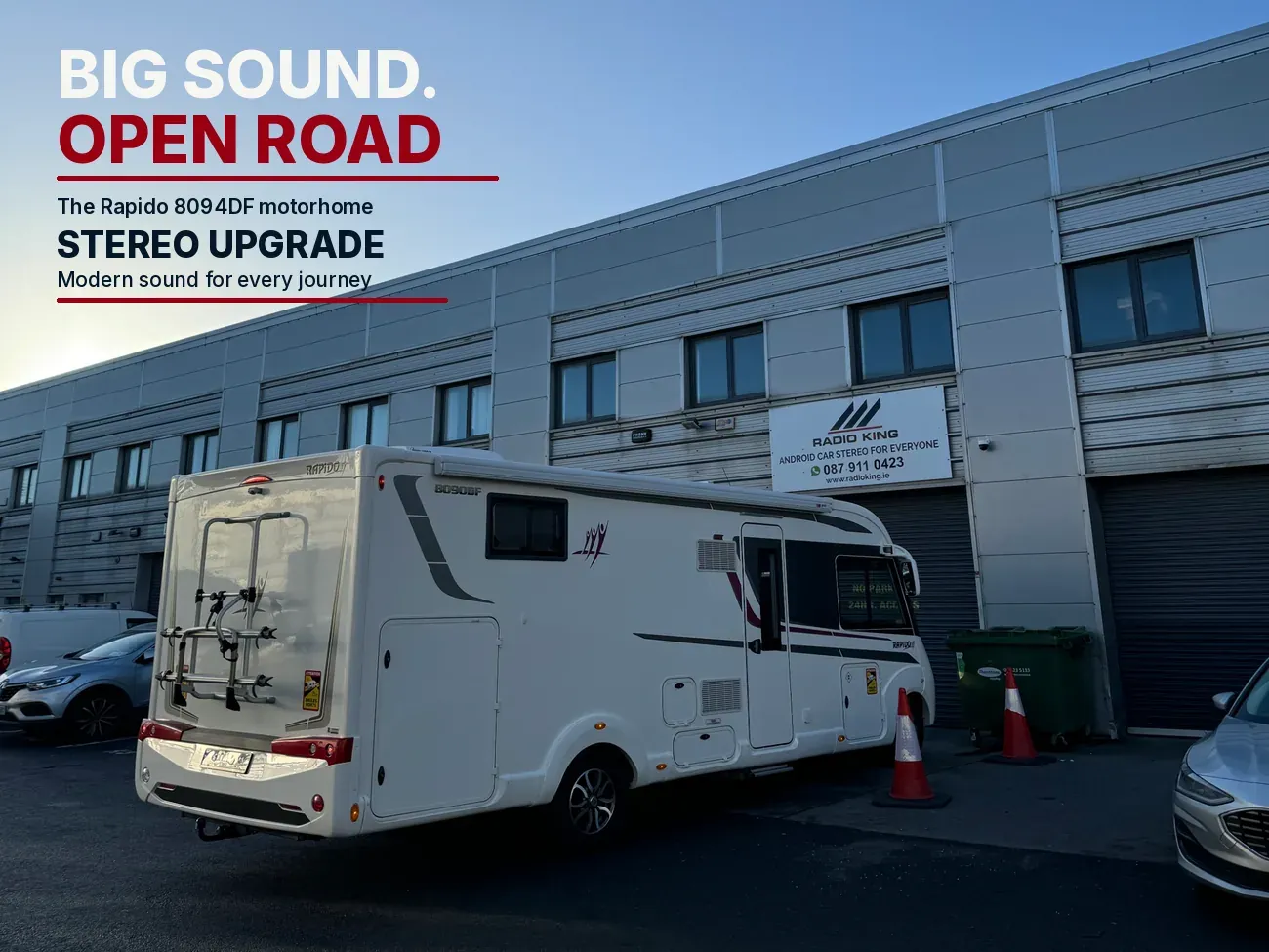 Rapido 8094DF motorhome on a Fiat Ducato base parked at the Radio King workshop in Dublin for a camper van radio upgrade