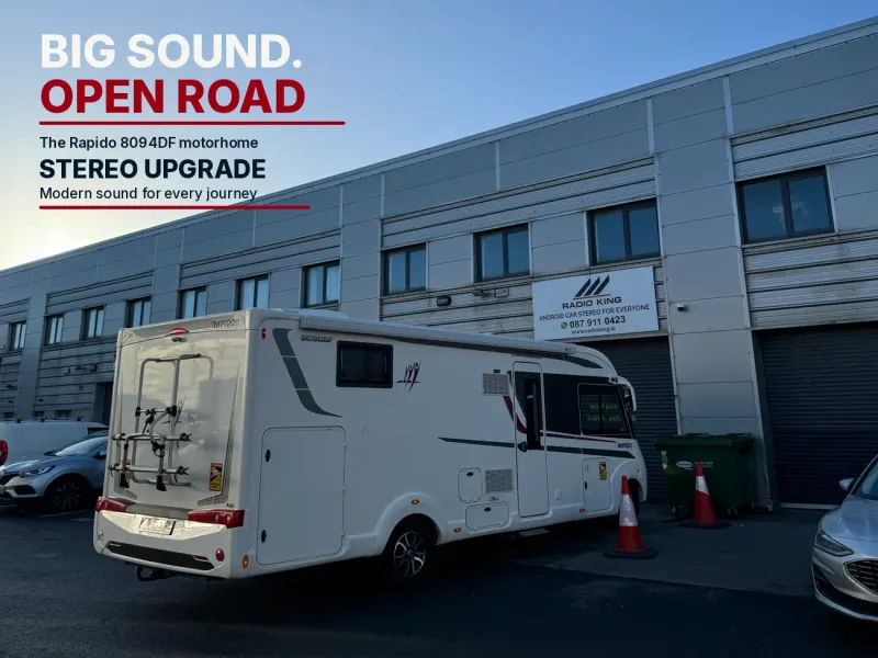 Rapido 8094DF motorhome on a Fiat Ducato base parked at the Radio King workshop in Dublin for a camper van radio upgrade