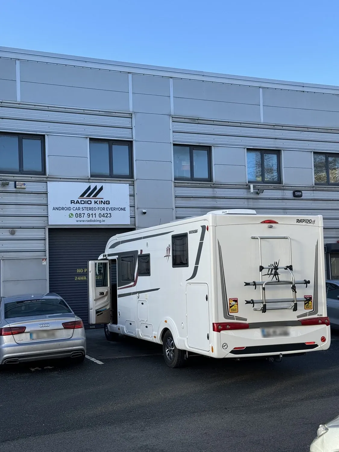 Rear of the Rapido 8094DF motorhome at the Radio King workshop in Dublin during reverse camera integration