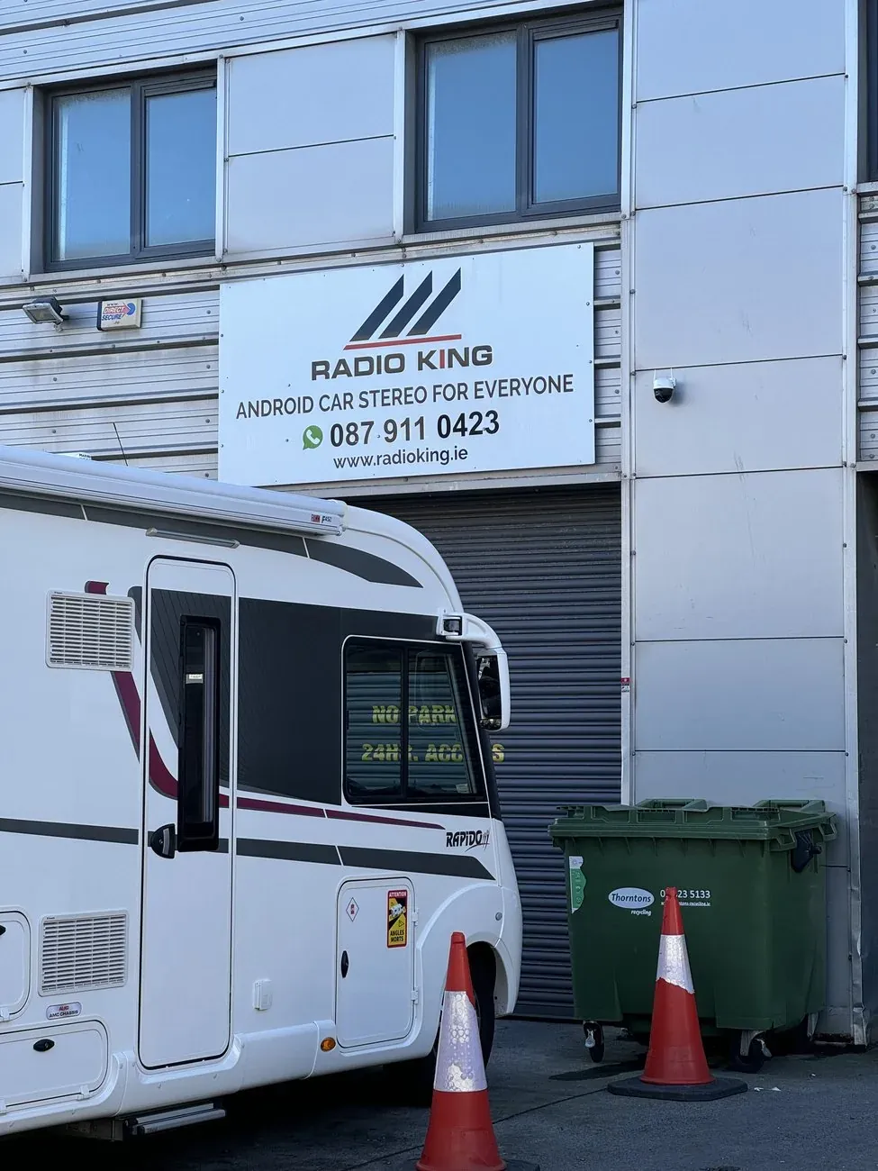 Camper van parked outside the Radio King car audio workshop in Rosemount Business Park, Dublin 11