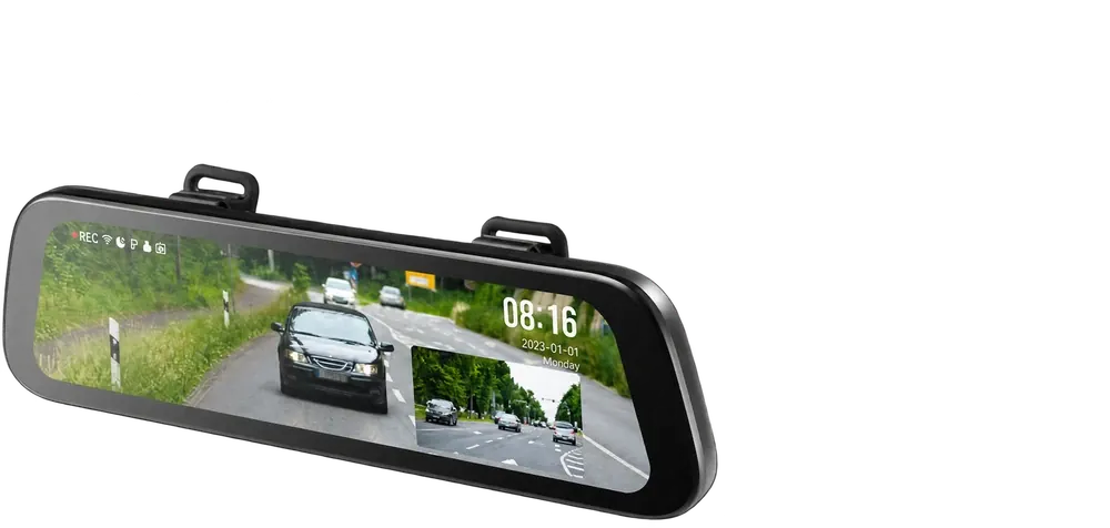 Mirror dash cam showing the road behind the car on the mirror display