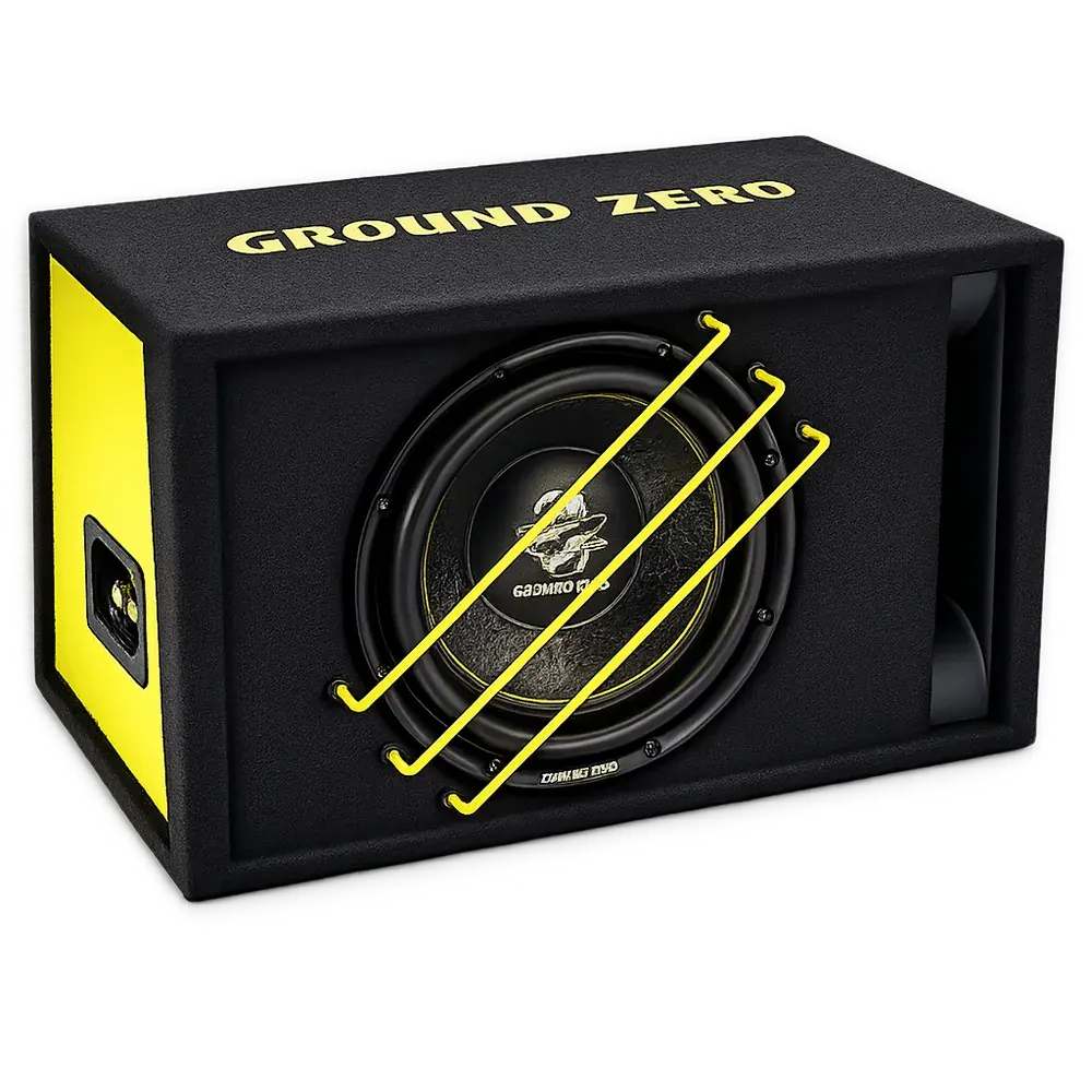 Ported subwoofer box with a protective grille over the cone