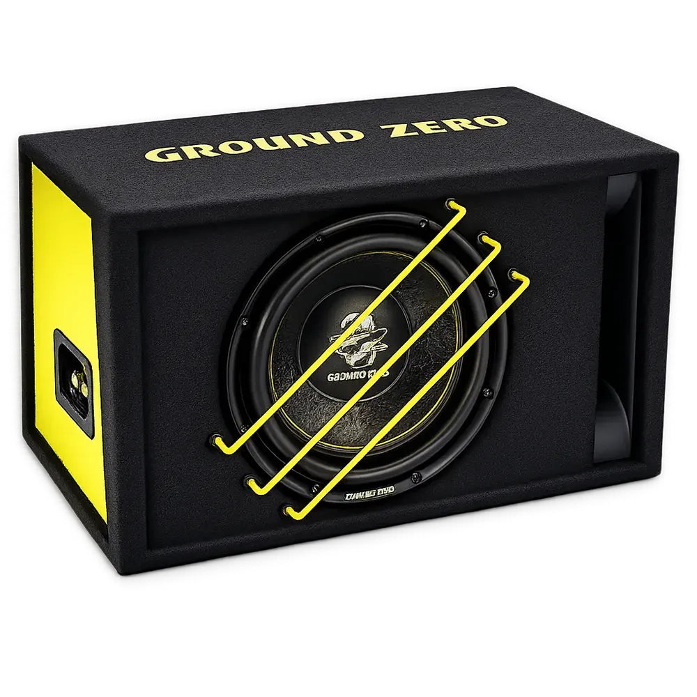 Ported subwoofer box with a protective grille over the cone