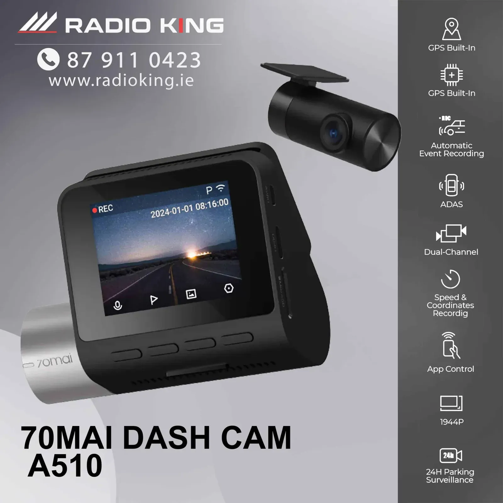 70mai A510 Dual Dash Cam — Front & Rear with ADAS
