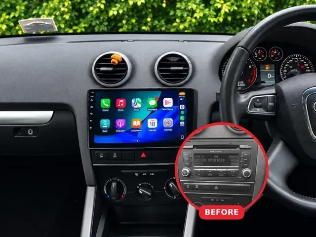 Audi A3 dashboard with a touchscreen radio and the original radio inset