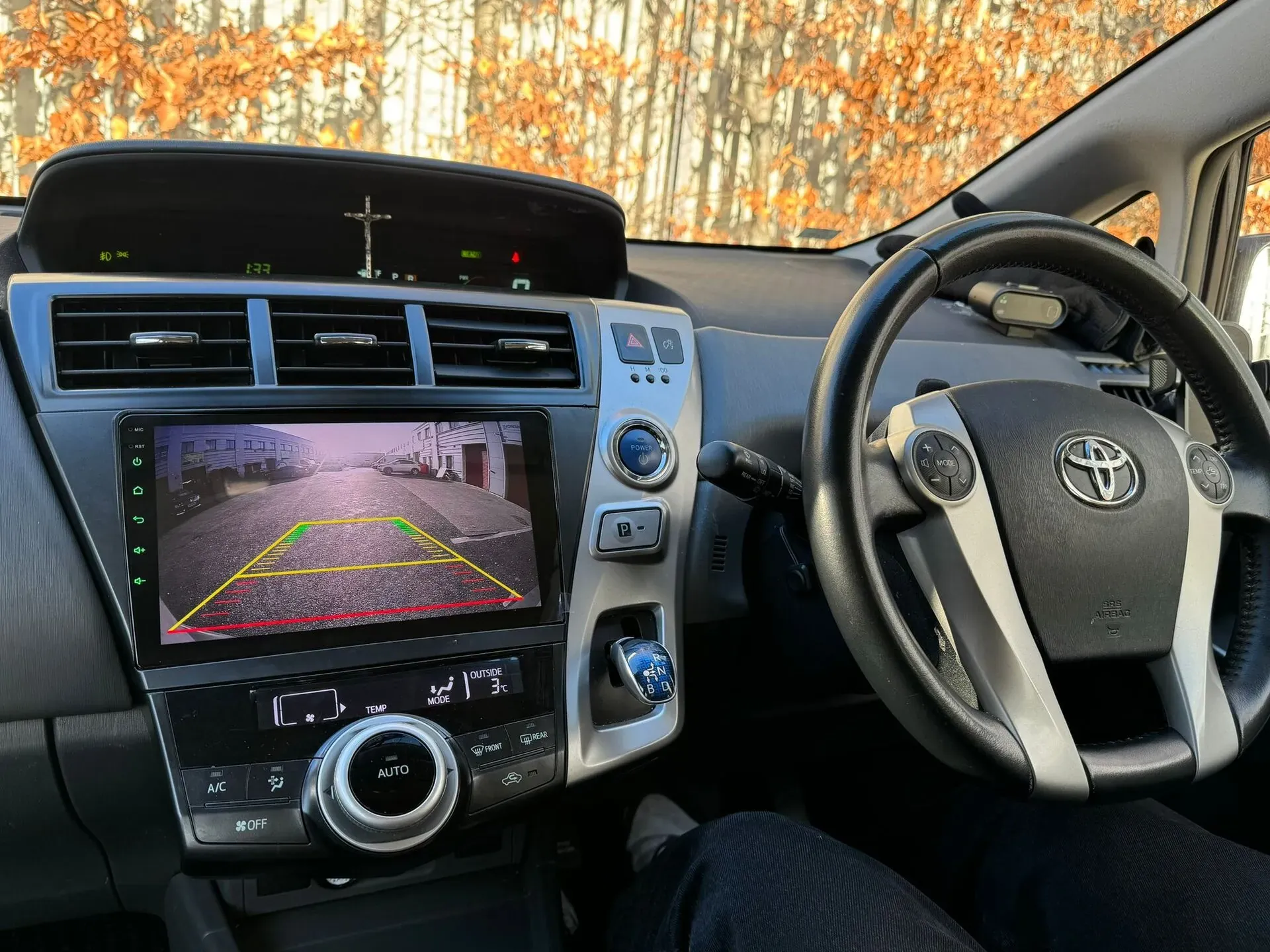 Toyota Prius Alpha reverse camera view on an Android head unit installed in Dublin