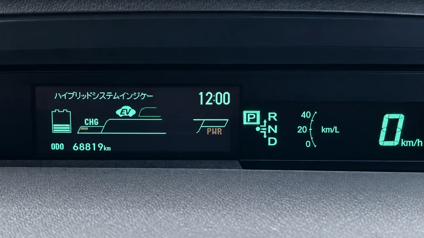 Toyota Prius XW30 instrument cluster showing the hybrid system indicator in Japanese before conversion in Dublin