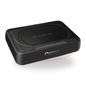 Slim active under-seat car subwoofer pulsing with bass