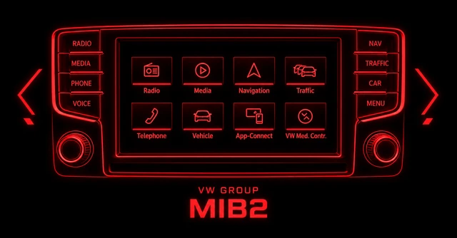 Volkswagen Group head unit menu shown as MIB2 and MIB3 system generations