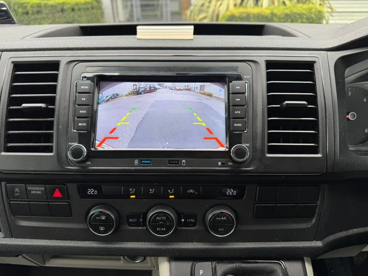 VW Transporter reverse camera with parking guidelines on the factory-style double-DIN screen