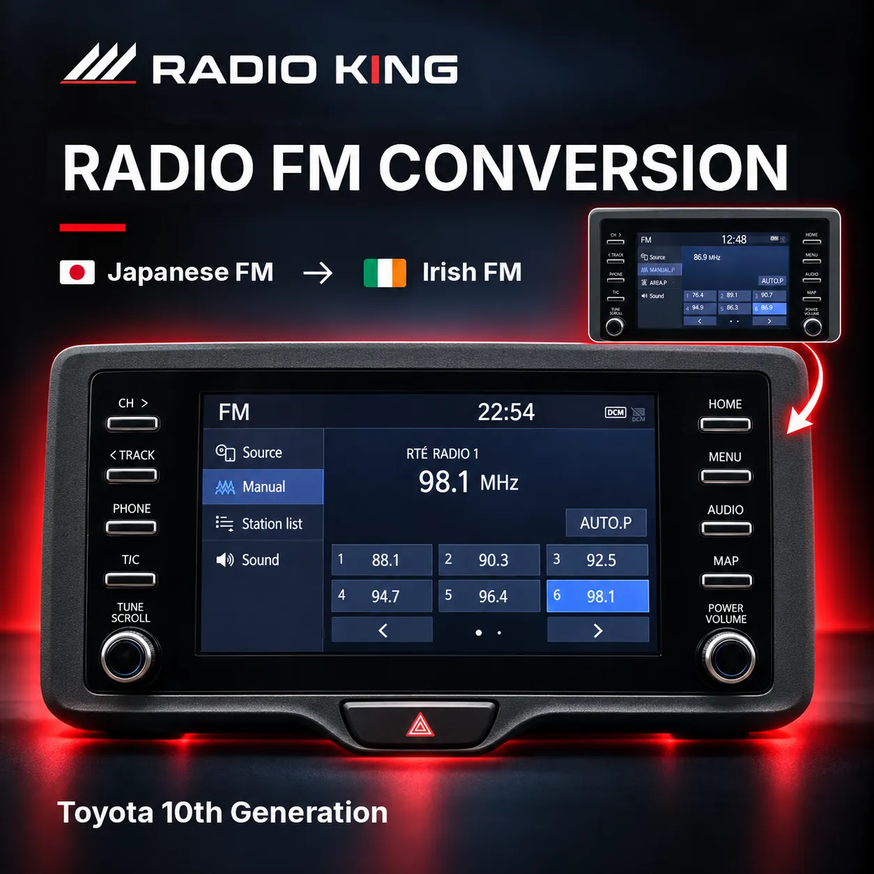 Toyota 10th Gen Japanese Radio to Irish FM Conversion