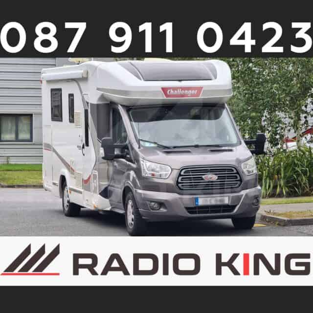 PREMIUM CARPLAY FORD TRANSIT CHALLENGER ANDROID AUTO RADIO 4 Motorhome with Radio King Ireland advertisement on front, promoting Android car radios and CarPlay systems.