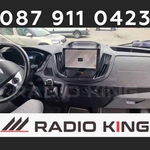 PREMIUM CARPLAY FORD TRANSIT CHALLENGER ANDROID AUTO RADIO 1 Radio king Ireland car dashboard with Android car radio and CarPlay system, vertical display, in vehicle interior, logo and contact number.